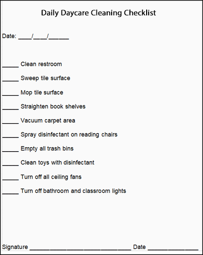 Daily Daycare Cleaning Checklist